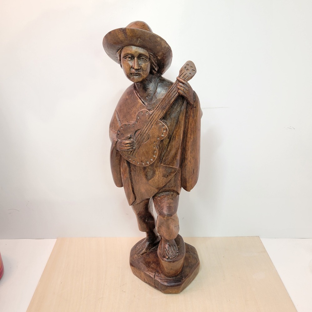 Hand Carved Wood Musician Statue Folk Art Guitar Player Figurine Unique Decor